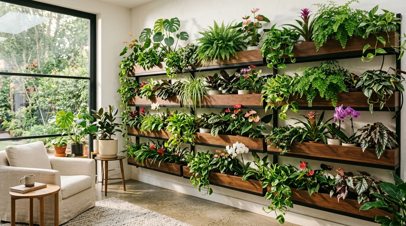 Indoor Living Wall With Tiered Planters